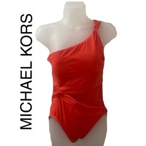 Michael Kors One-Shoulder Mesh Cutout Swimsuit Sea Coral Size 10